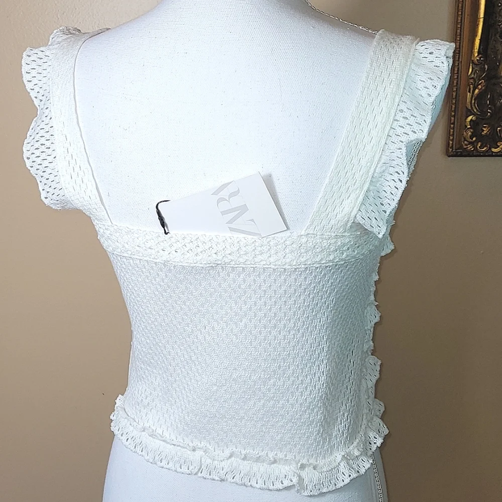 NWT Zara Cotton White Knit Ruffled Crop Top w/ Ruffle Straps Size Large - Picture 5 of 16